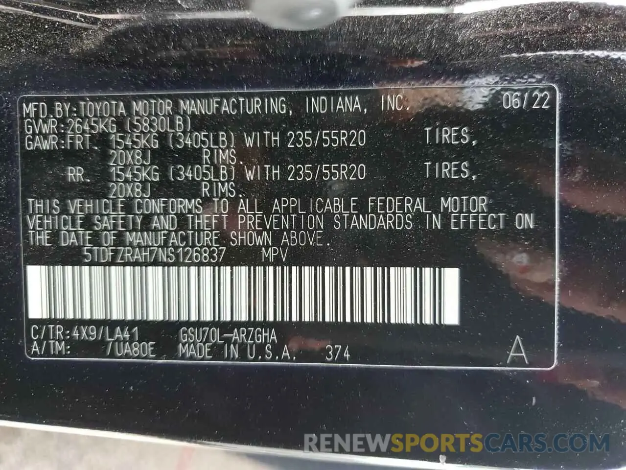 13 Photograph of a damaged car 5TDFZRAH7NS126837 TOYOTA HIGHLANDER 2022
