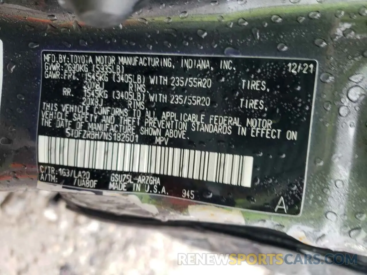 13 Photograph of a damaged car 5TDFZRBH7NS182601 TOYOTA HIGHLANDER 2022