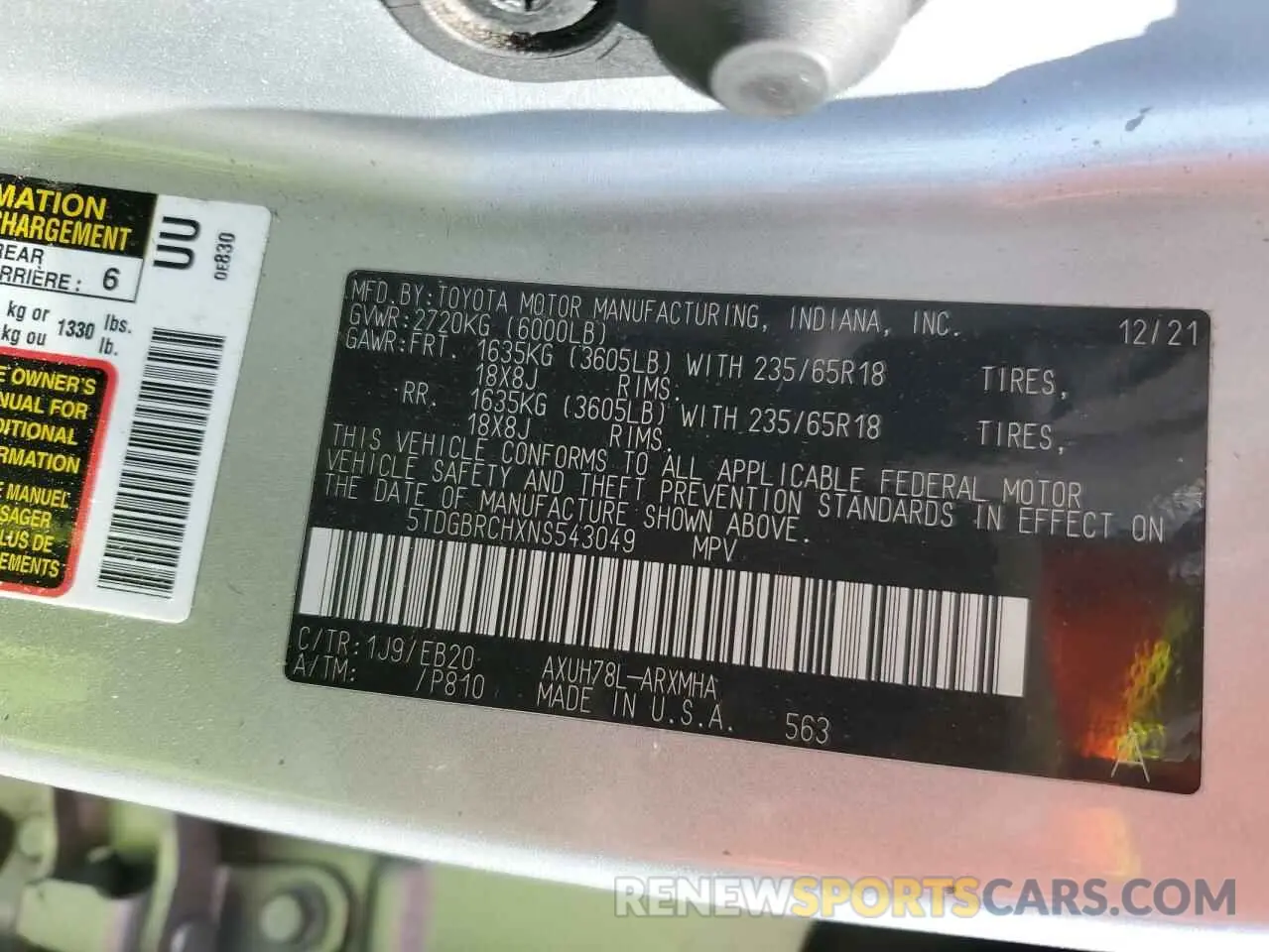 13 Photograph of a damaged car 5TDGBRCHXNS543049 TOYOTA HIGHLANDER 2022