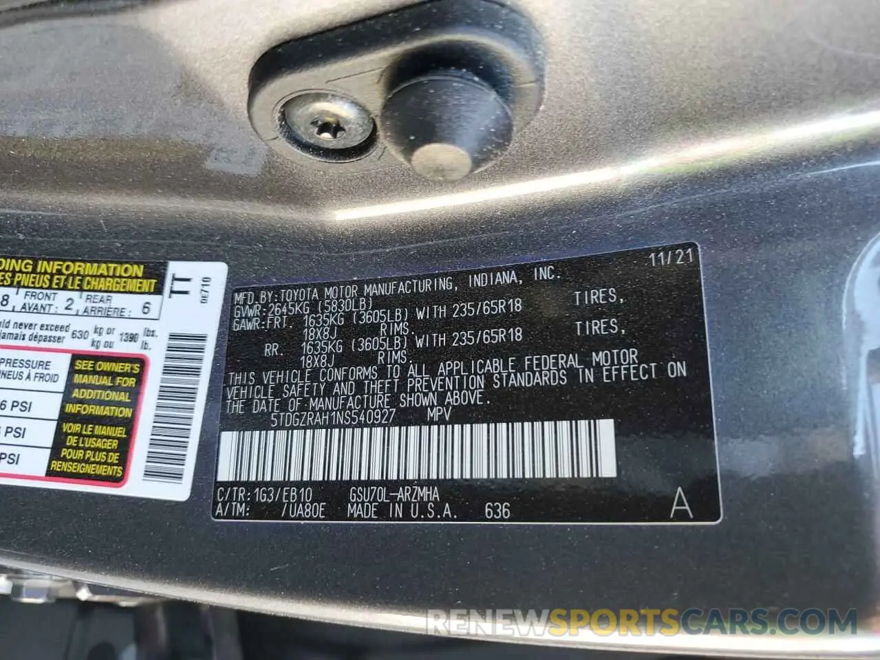 13 Photograph of a damaged car 5TDGZRAH1NS540927 TOYOTA HIGHLANDER 2022