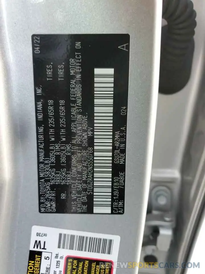 13 Photograph of a damaged car 5TDGZRAH2NS550768 TOYOTA HIGHLANDER 2022