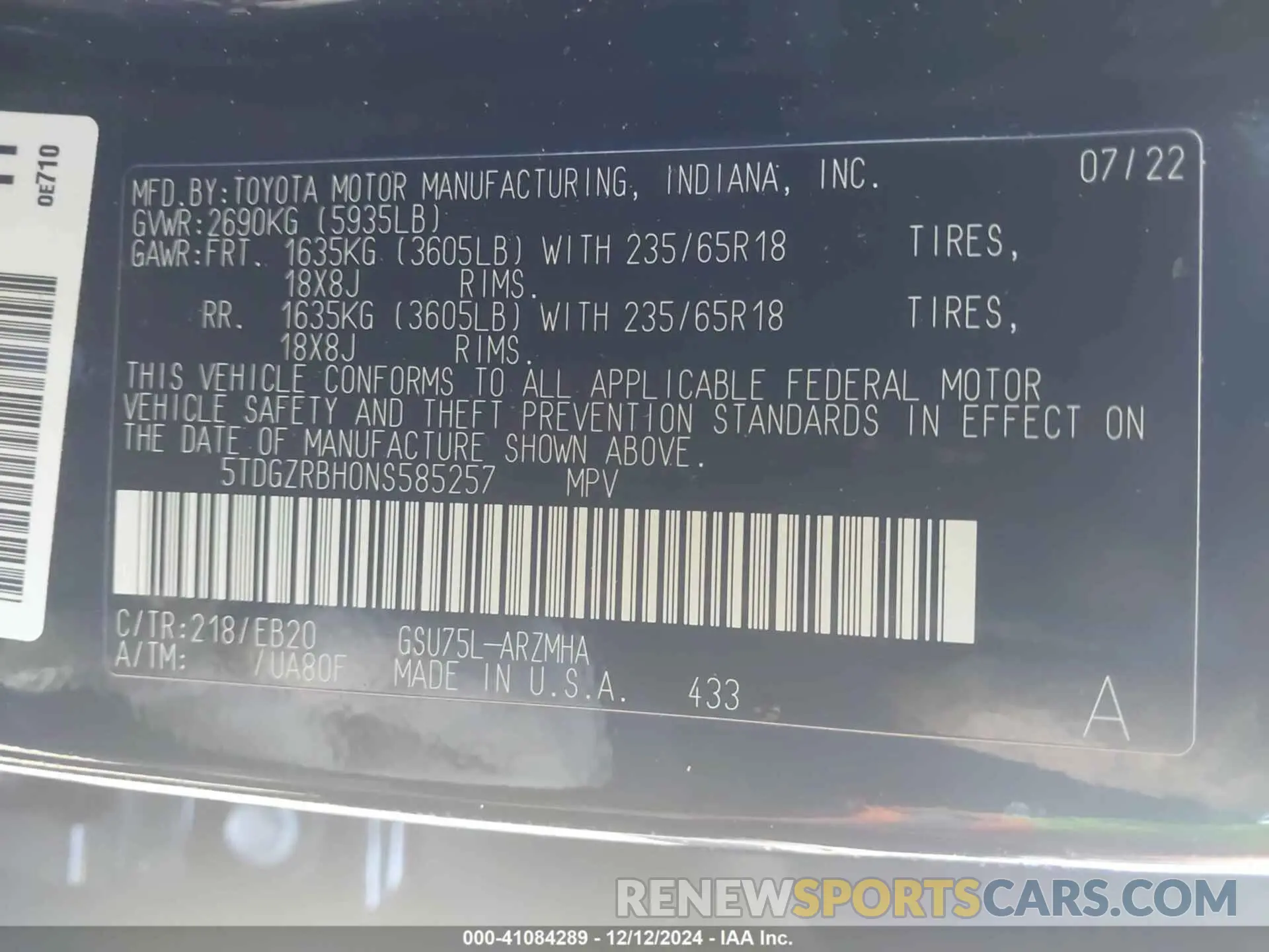 9 Photograph of a damaged car 5TDGZRBH0NS585257 TOYOTA HIGHLANDER 2022
