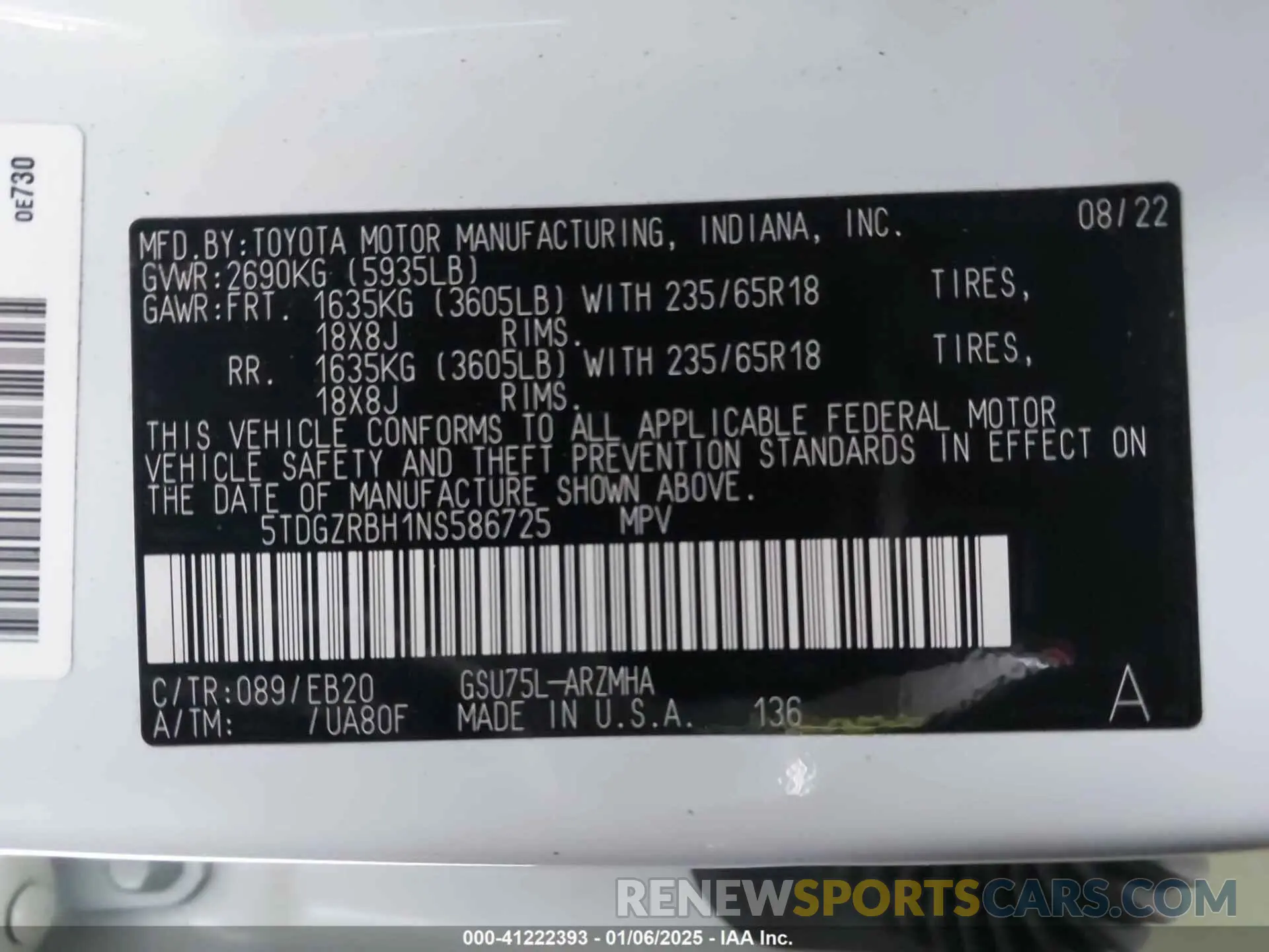 9 Photograph of a damaged car 5TDGZRBH1NS586725 TOYOTA HIGHLANDER 2022
