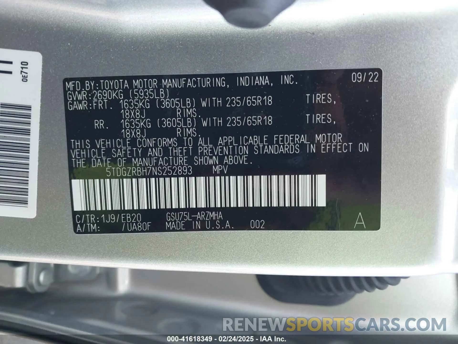 9 Photograph of a damaged car 5TDGZRBH7NS252893 TOYOTA HIGHLANDER 2022
