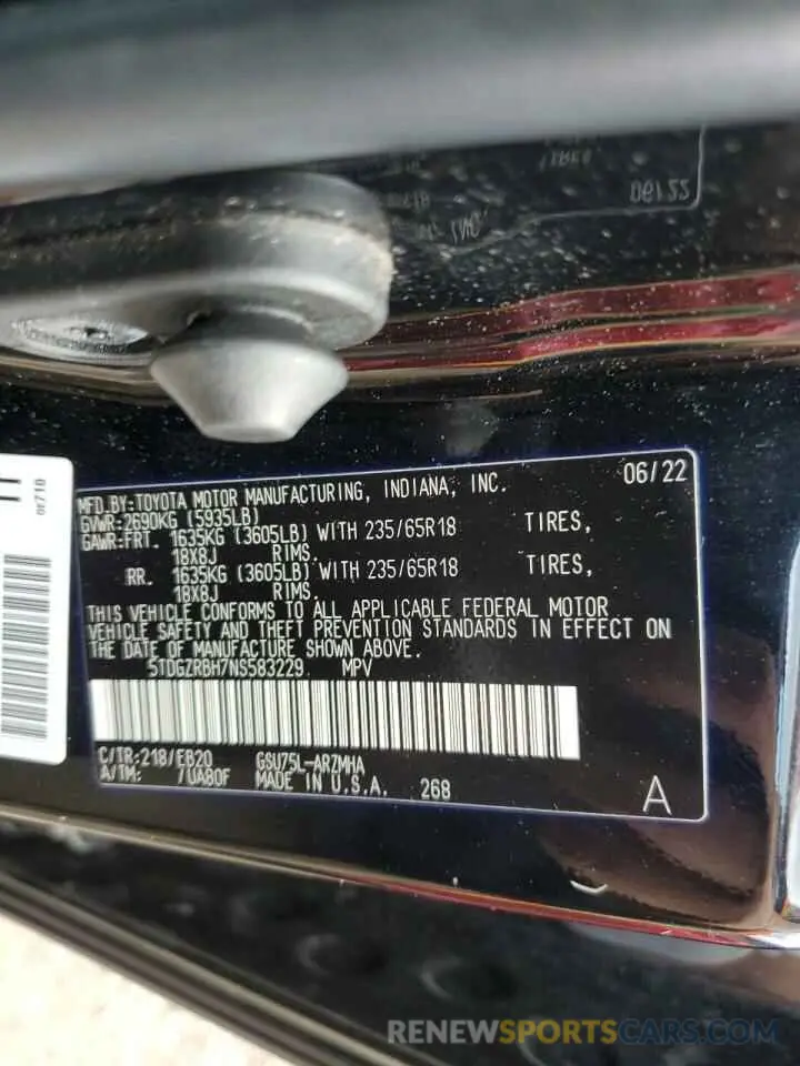 13 Photograph of a damaged car 5TDGZRBH7NS583229 TOYOTA HIGHLANDER 2022