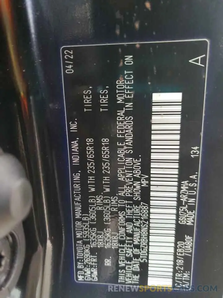 16 Photograph of a damaged car 5TDGZRBH8NS216887 TOYOTA HIGHLANDER 2022