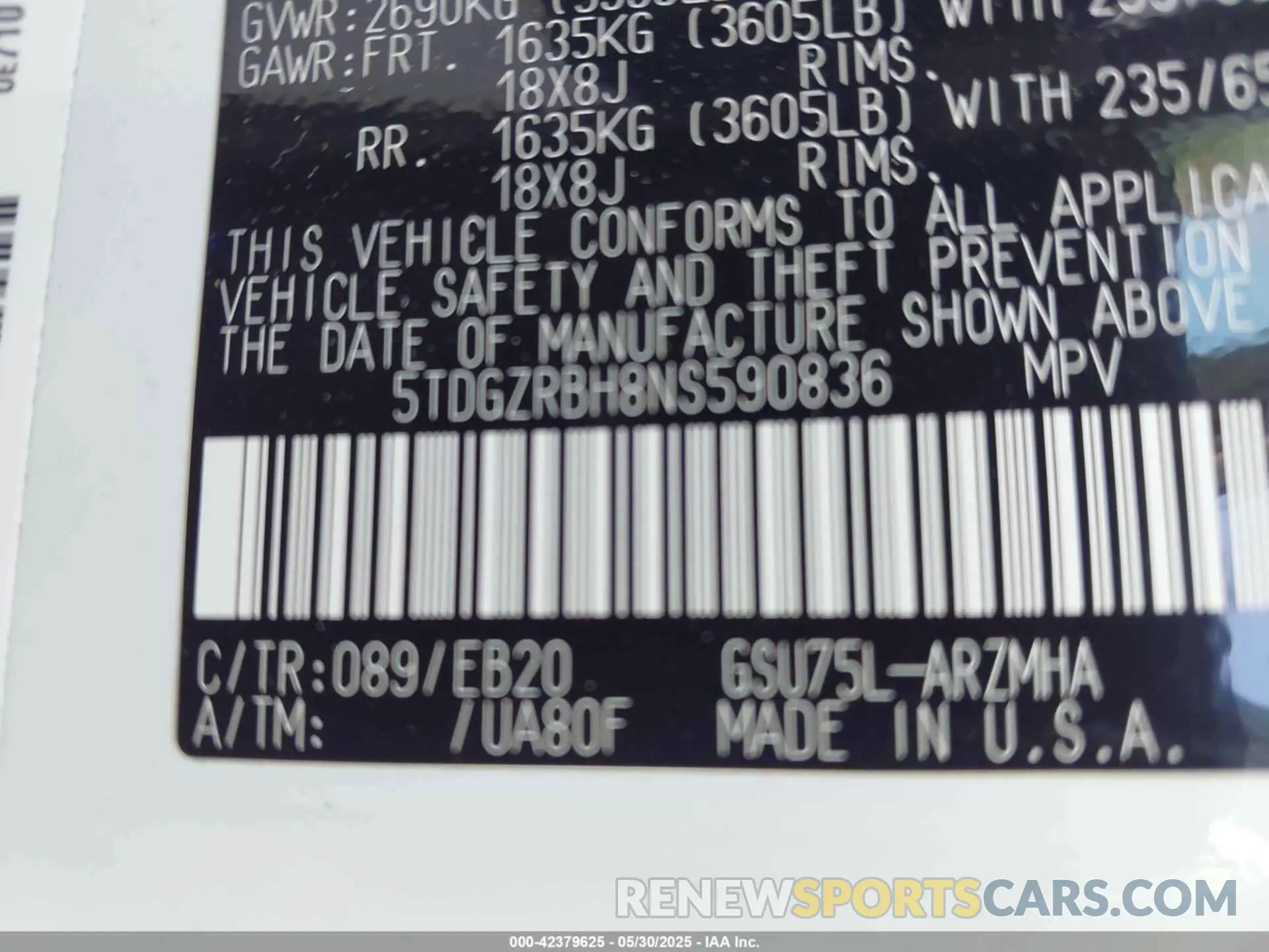 9 Photograph of a damaged car 5TDGZRBH8NS590836 TOYOTA HIGHLANDER 2022