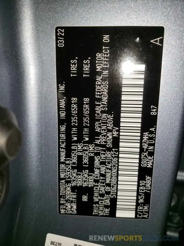 13 Photograph of a damaged car 5TDGZRBHXNS206121 TOYOTA HIGHLANDER 2022