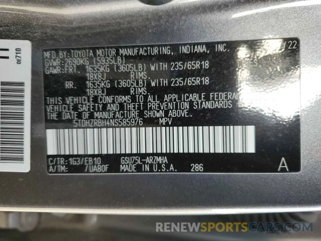 14 Photograph of a damaged car 5TDHZRBH4NS585976 TOYOTA HIGHLANDER 2022