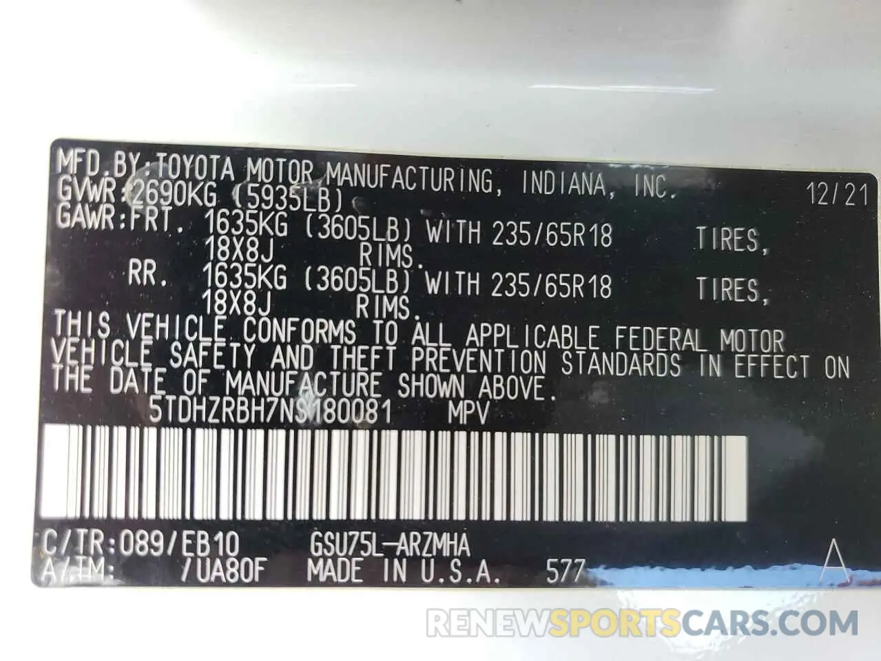 14 Photograph of a damaged car 5TDHZRBH7NS180081 TOYOTA HIGHLANDER 2022