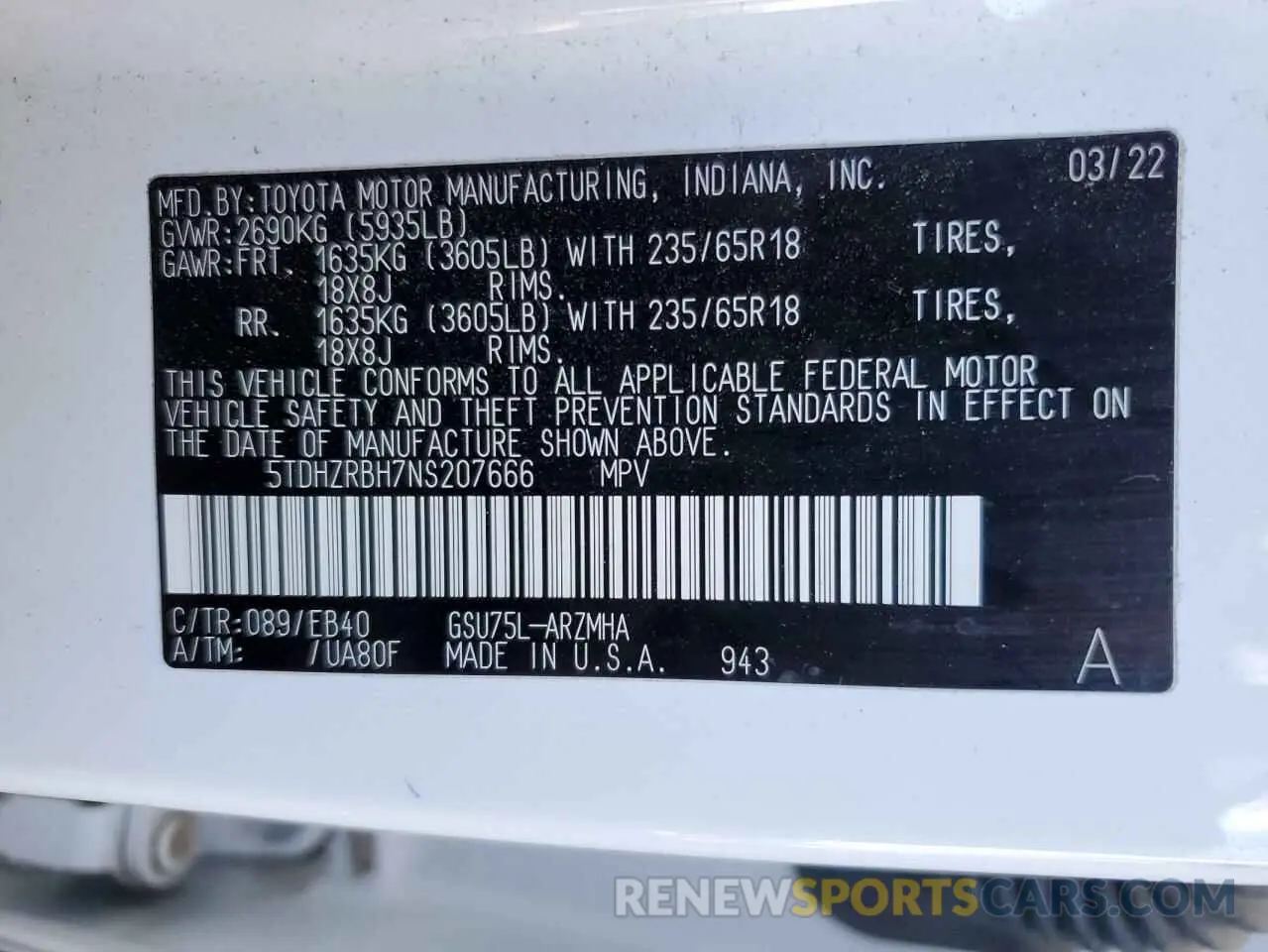 13 Photograph of a damaged car 5TDHZRBH7NS207666 TOYOTA HIGHLANDER 2022
