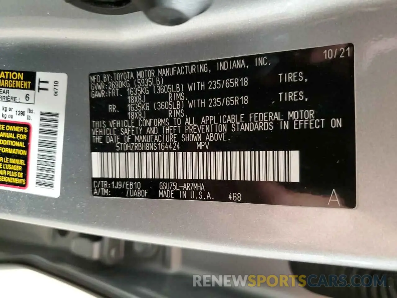 13 Photograph of a damaged car 5TDHZRBH8NS164424 TOYOTA HIGHLANDER 2022