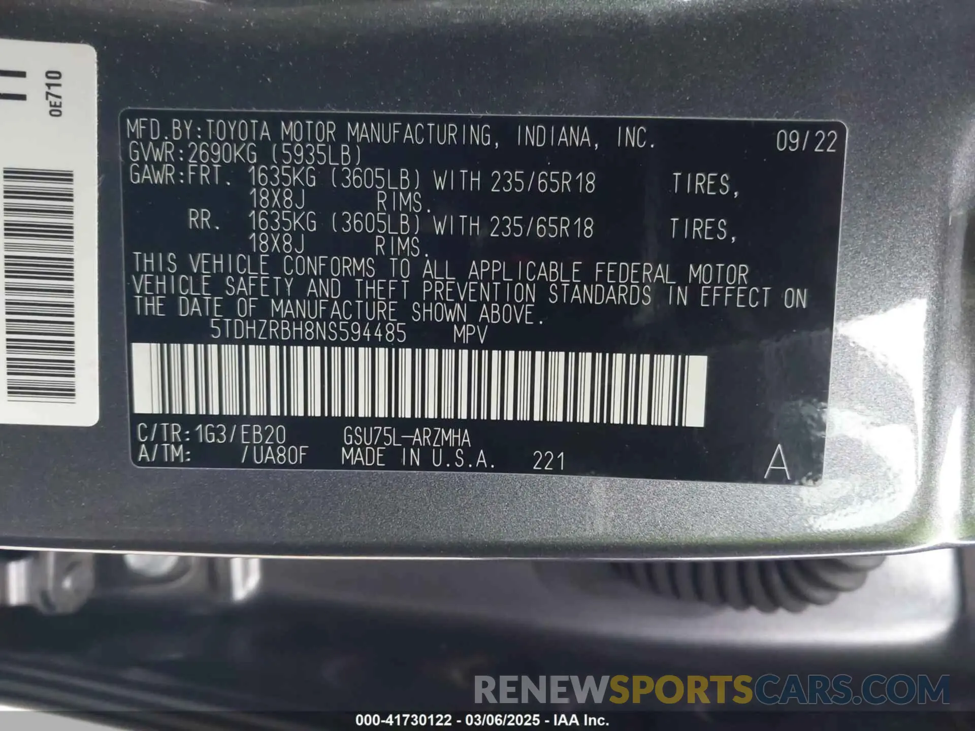 9 Photograph of a damaged car 5TDHZRBH8NS594485 TOYOTA HIGHLANDER 2022