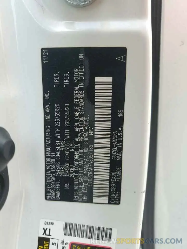 13 Photograph of a damaged car 5TDJZRAH7NS097169 TOYOTA HIGHLANDER 2022