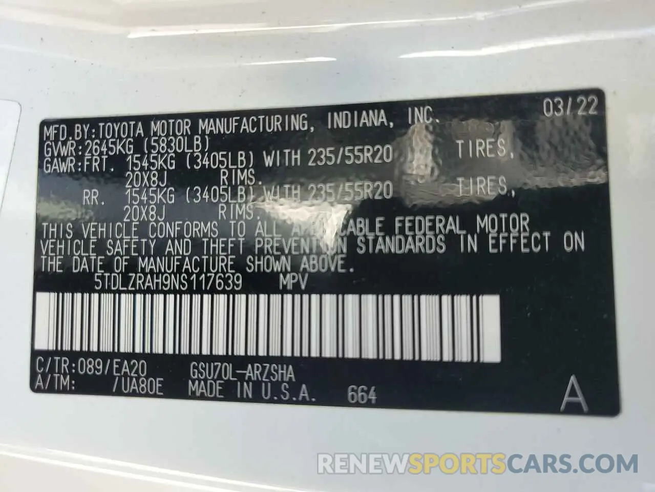 13 Photograph of a damaged car 5TDLZRAH9NS117639 TOYOTA HIGHLANDER 2022
