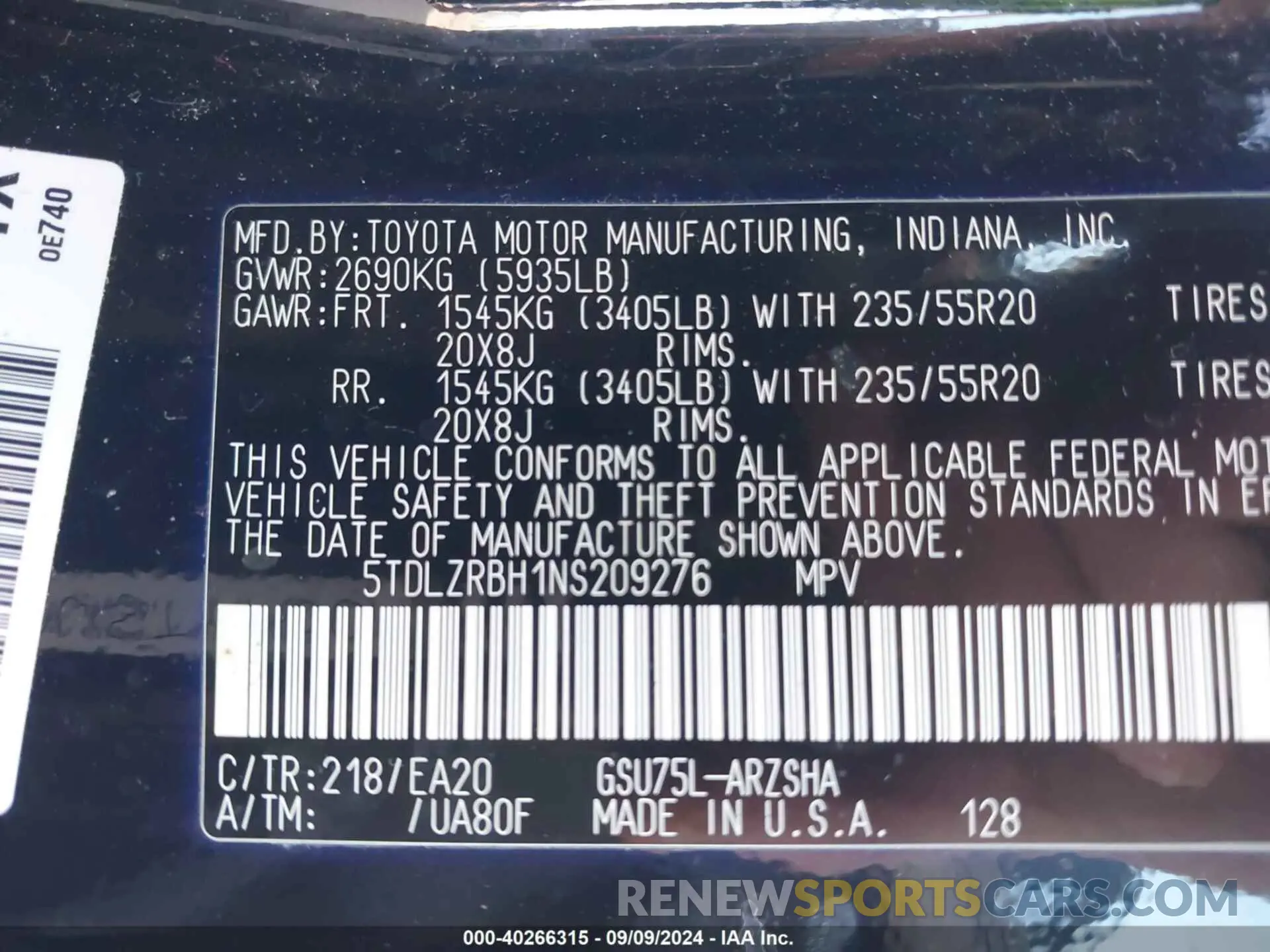 9 Photograph of a damaged car 5TDLZRBH1NS209276 TOYOTA HIGHLANDER 2022