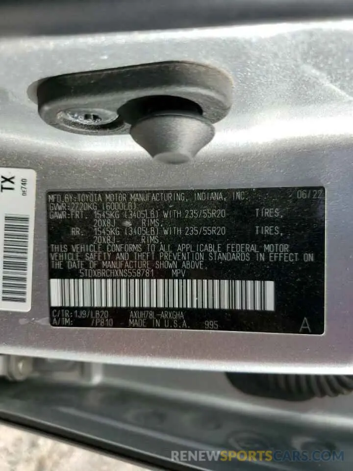 16 Photograph of a damaged car 5TDXBRCHXNS558781 TOYOTA HIGHLANDER 2022