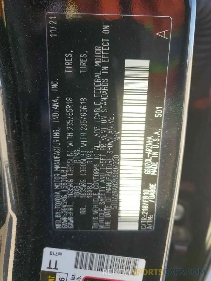 14 Photograph of a damaged car 5TDZZRAH2NS097230 TOYOTA HIGHLANDER 2022