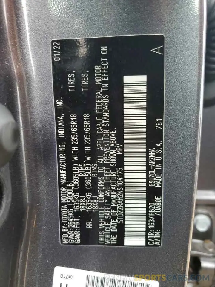 13 Photograph of a damaged car 5TDZZRAH2NS104175 TOYOTA HIGHLANDER 2022