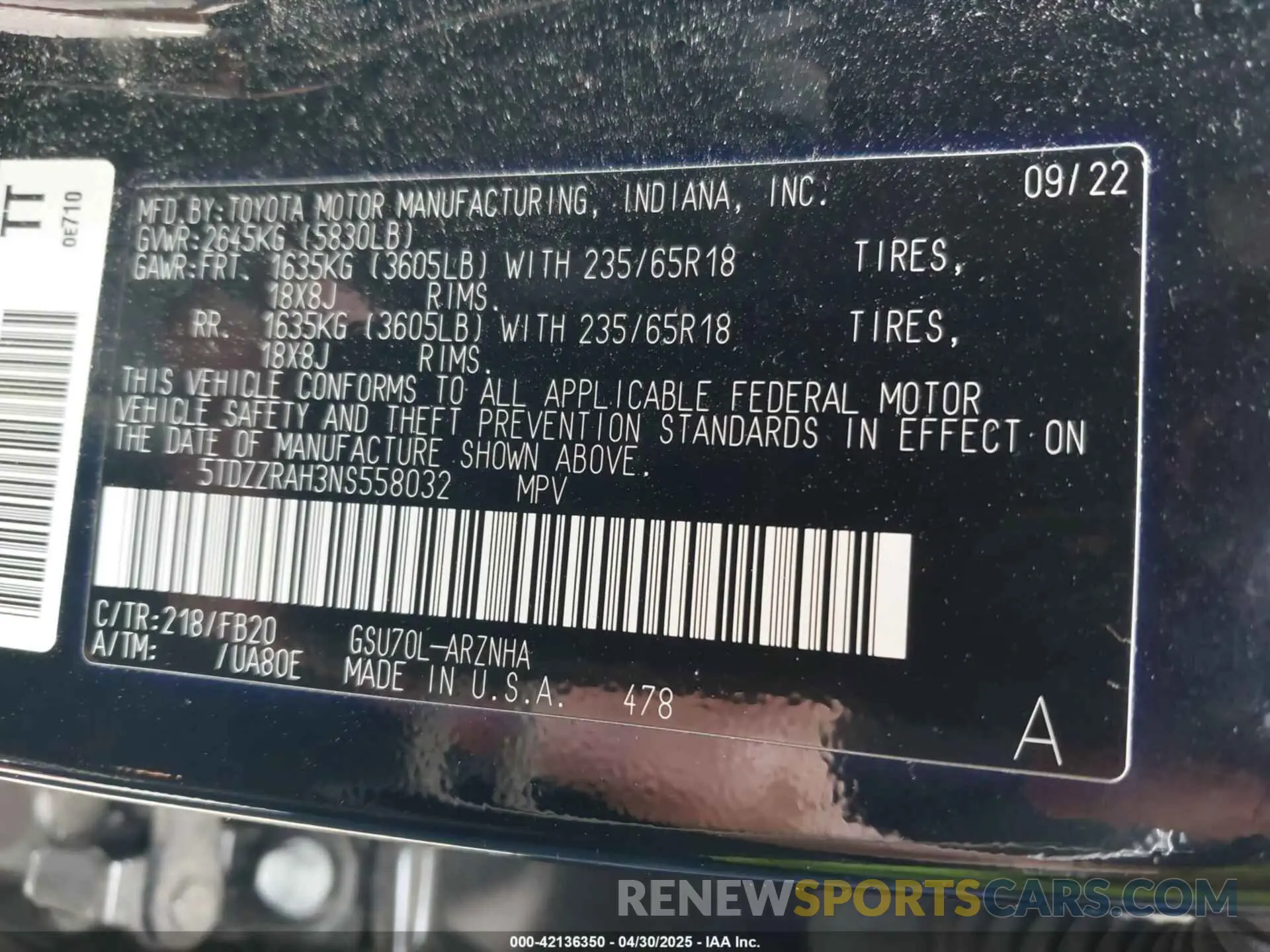 9 Photograph of a damaged car 5TDZZRAH3NS558032 TOYOTA HIGHLANDER 2022