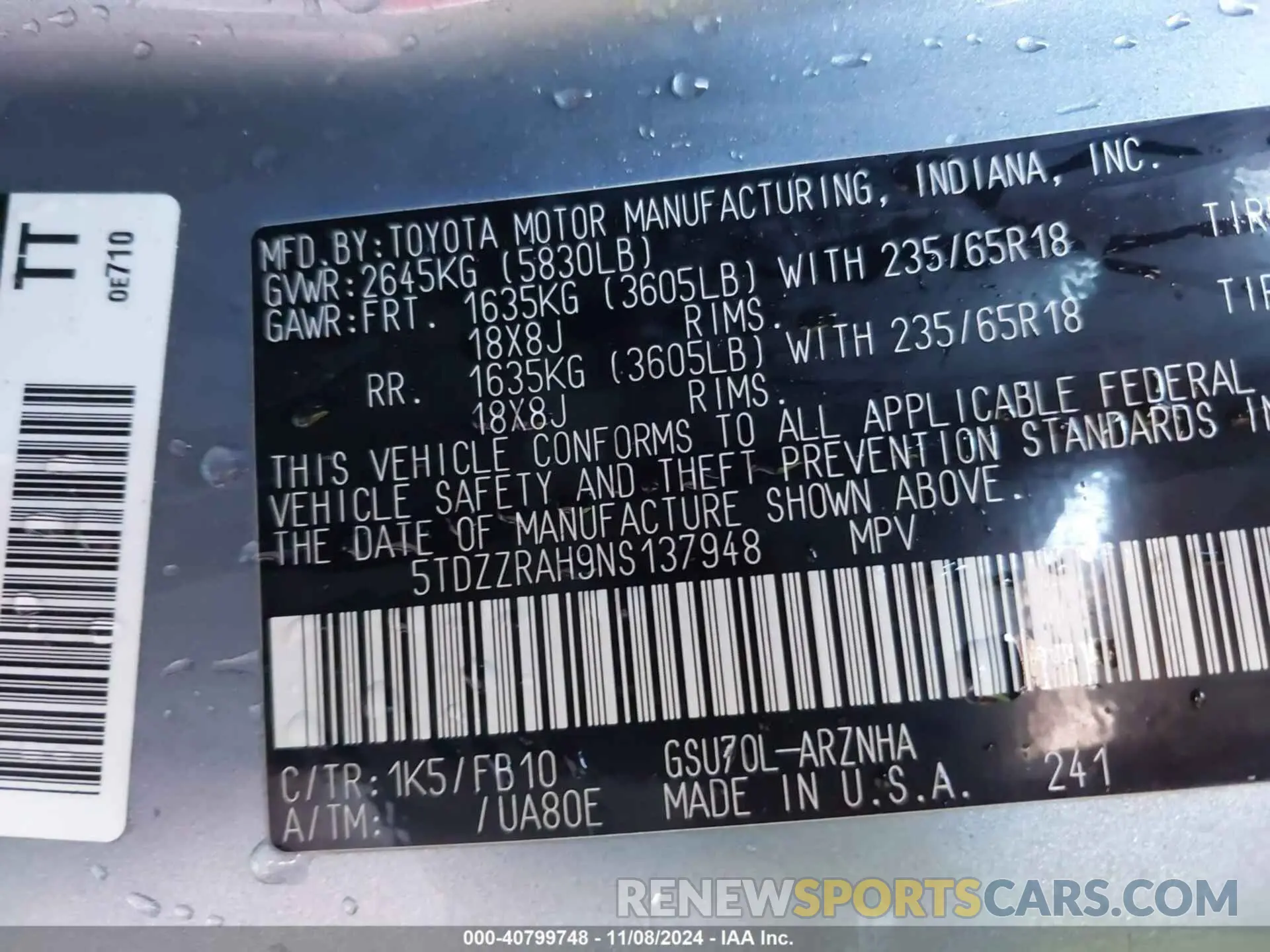 9 Photograph of a damaged car 5TDZZRAH9NS137948 TOYOTA HIGHLANDER 2022