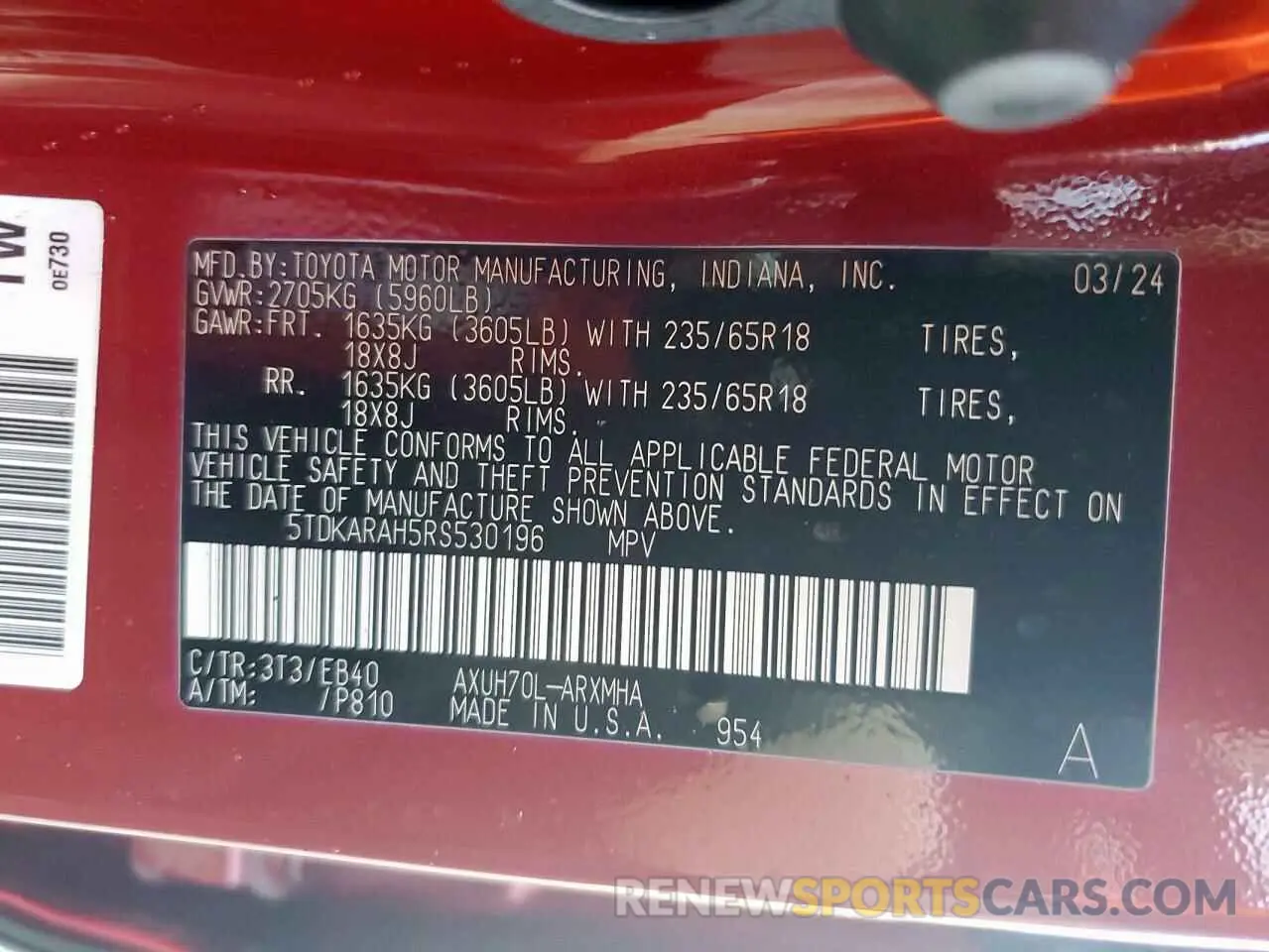 13 Photograph of a damaged car 5TDKARAH5RS530196 TOYOTA HIGHLANDER 2024