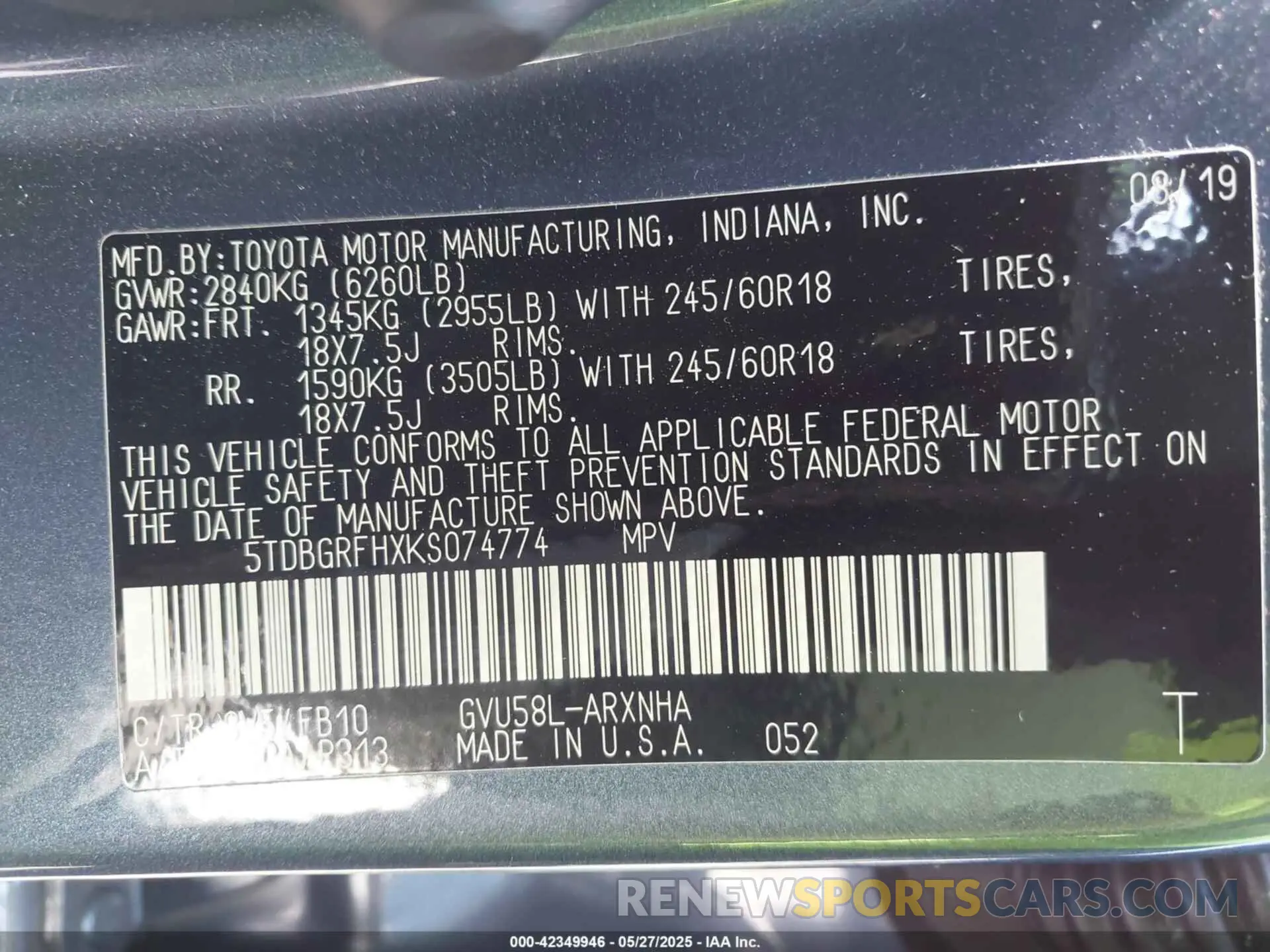 9 Photograph of a damaged car 5TDBGRFHXKS074774 TOYOTA HIGHLANDER HYBRID 2019