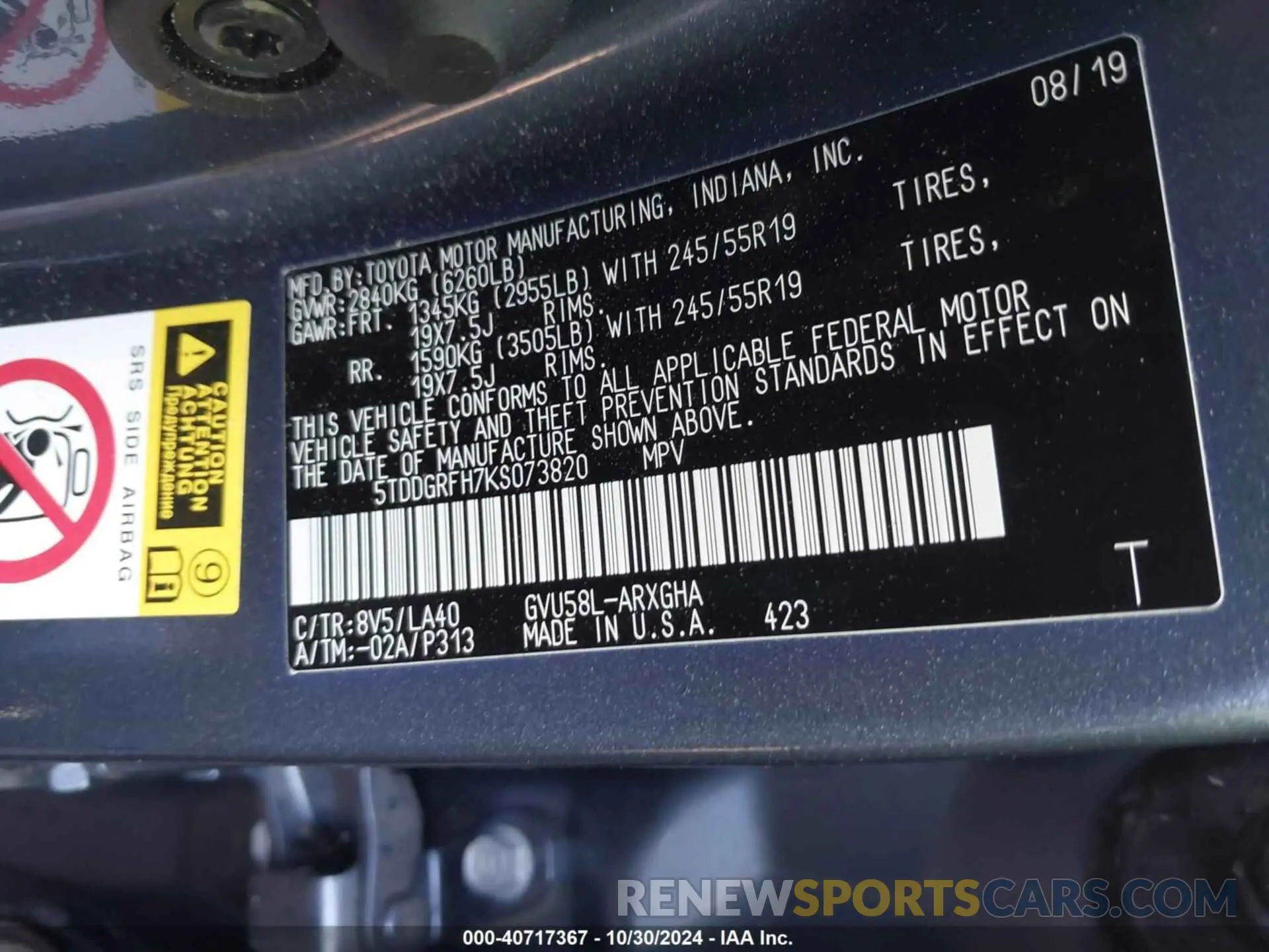 9 Photograph of a damaged car 5TDDGRFH7KS073820 TOYOTA HIGHLANDER HYBRID 2019