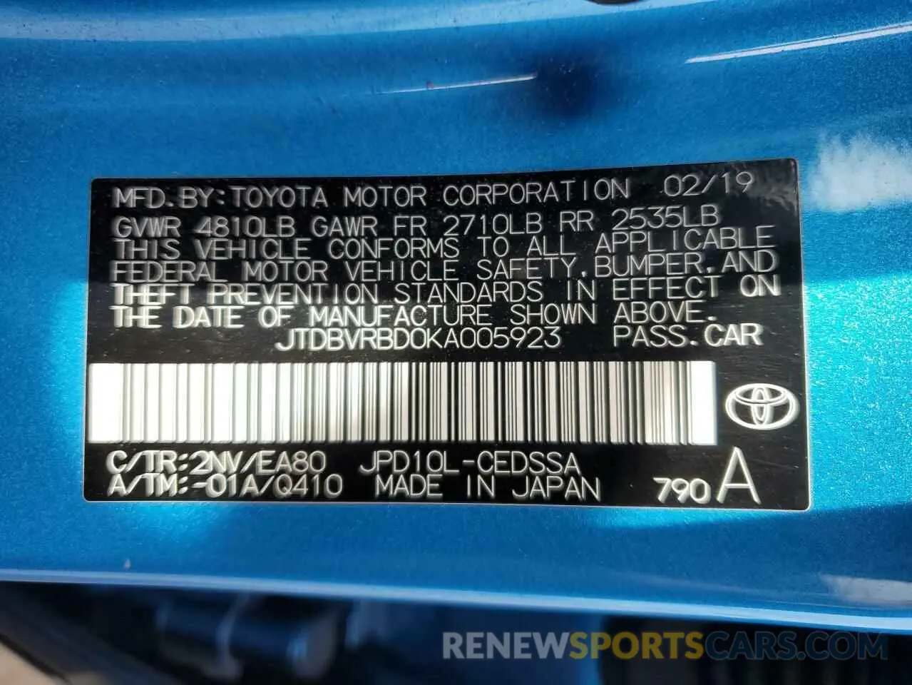 14 Photograph of a damaged car JTDBVRBD0KA005923 TOYOTA MIRAI 2019