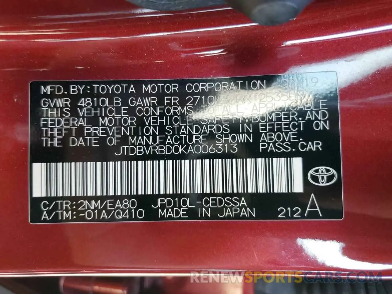 14 Photograph of a damaged car JTDBVRBD0KA006313 TOYOTA MIRAI 2019