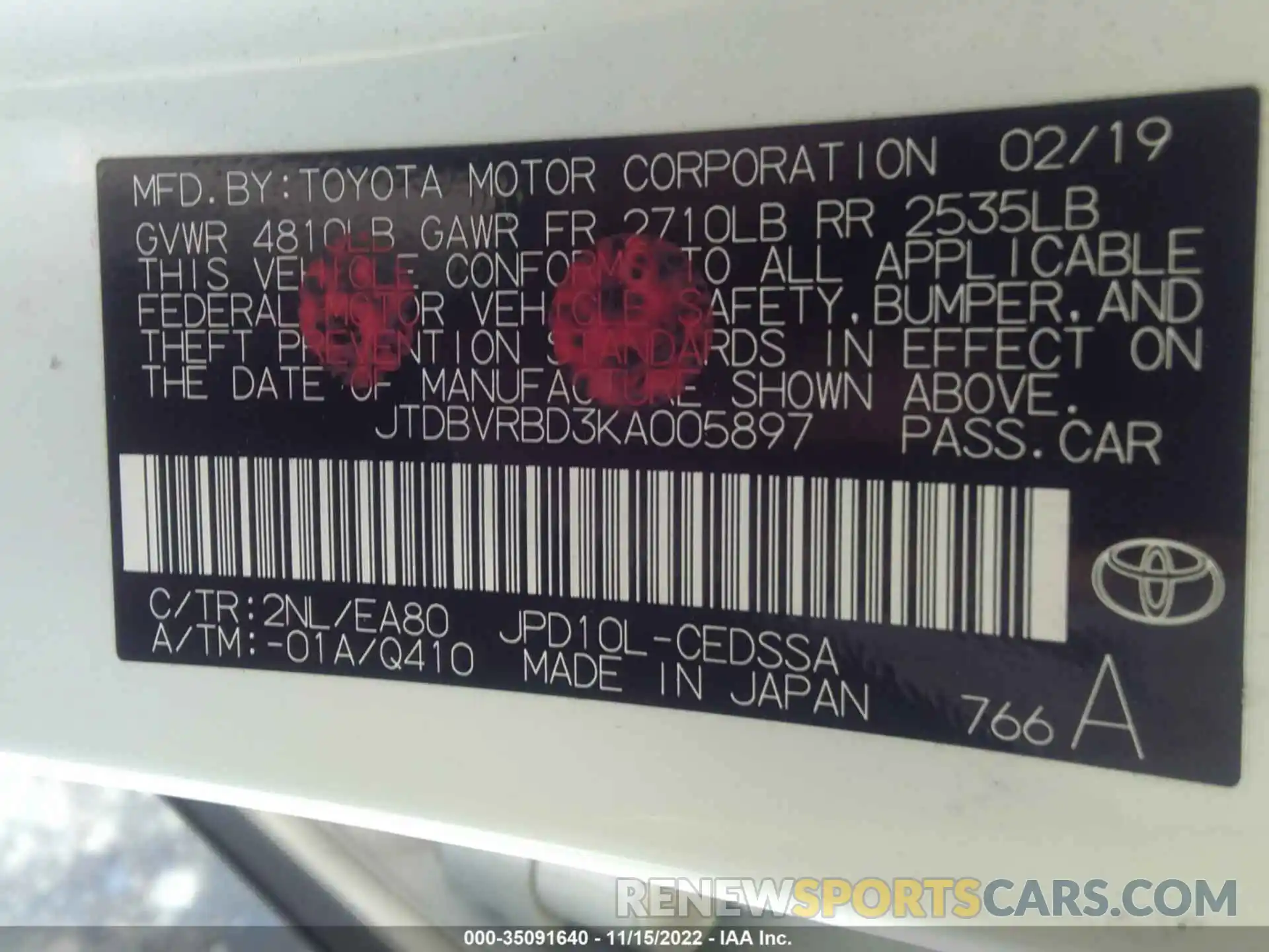 9 Photograph of a damaged car JTDBVRBD3KA005897 TOYOTA MIRAI 2019