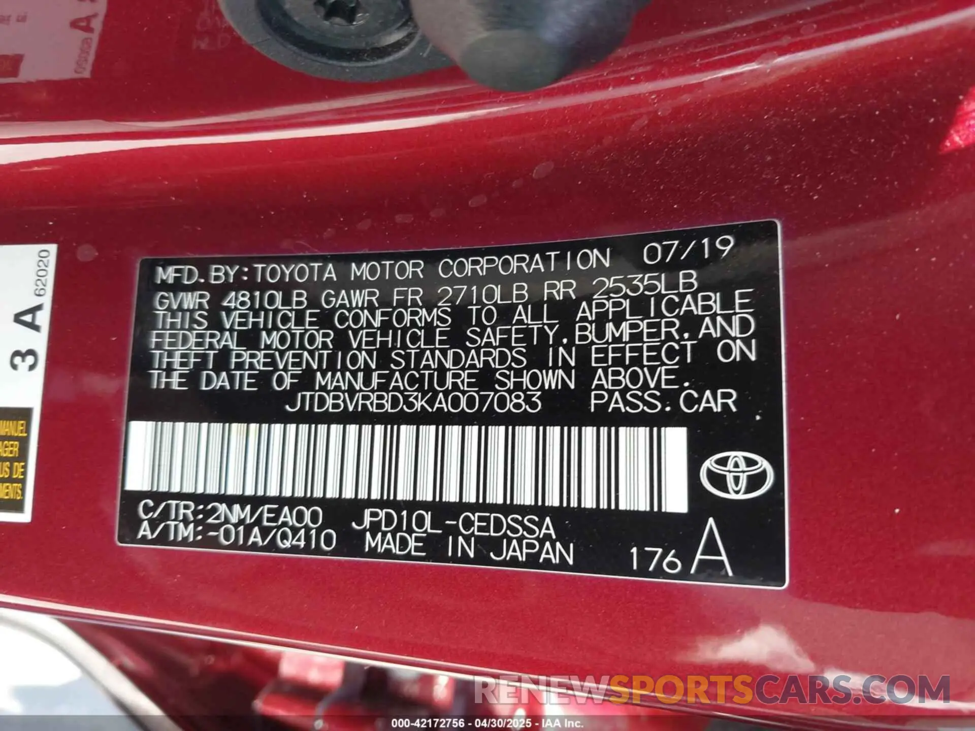 9 Photograph of a damaged car JTDBVRBD3KA007083 TOYOTA MIRAI 2019
