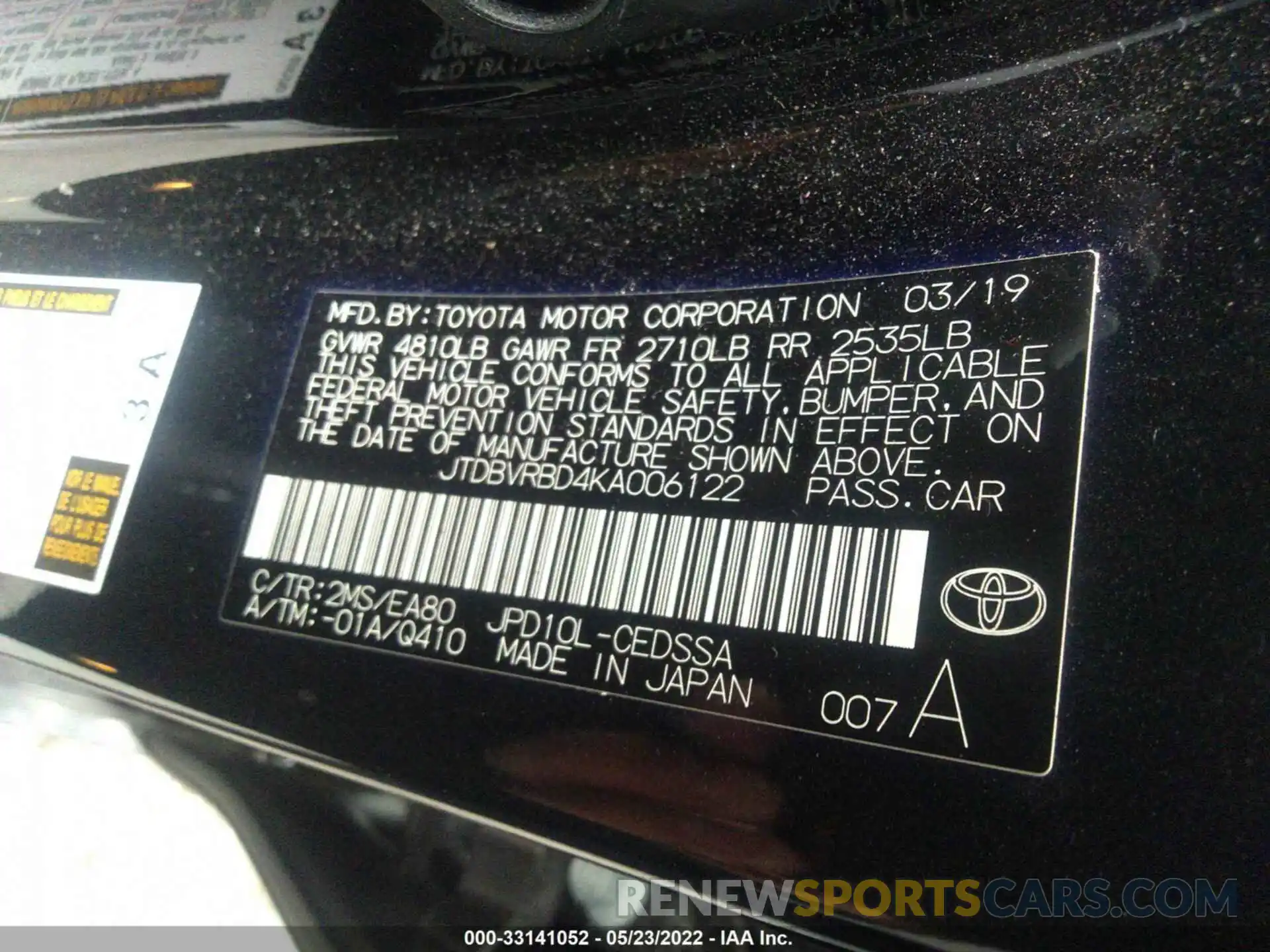 8 Photograph of a damaged car JTDBVRBD4KA006122 TOYOTA MIRAI 2019