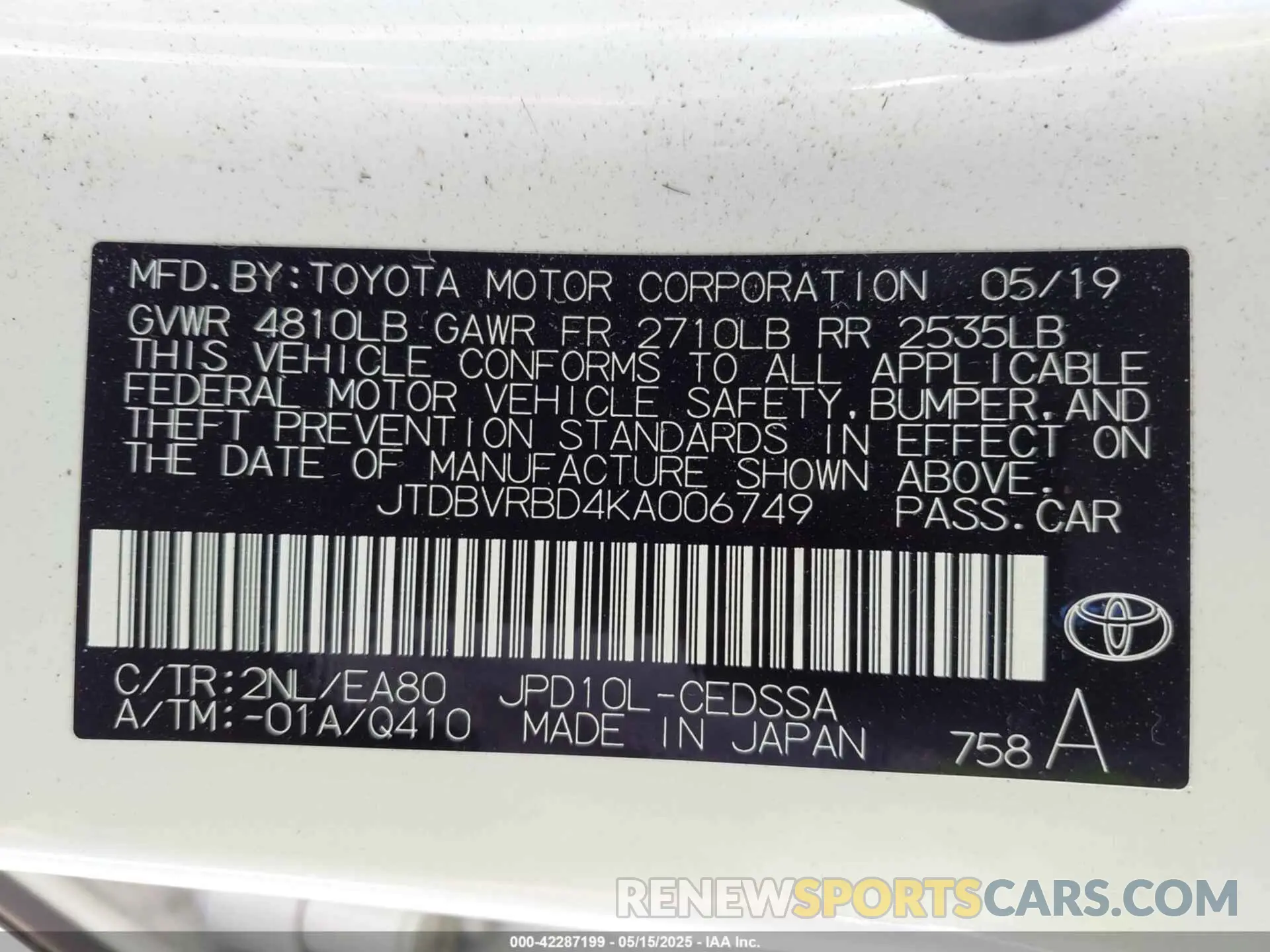 9 Photograph of a damaged car JTDBVRBD4KA006749 TOYOTA MIRAI 2019