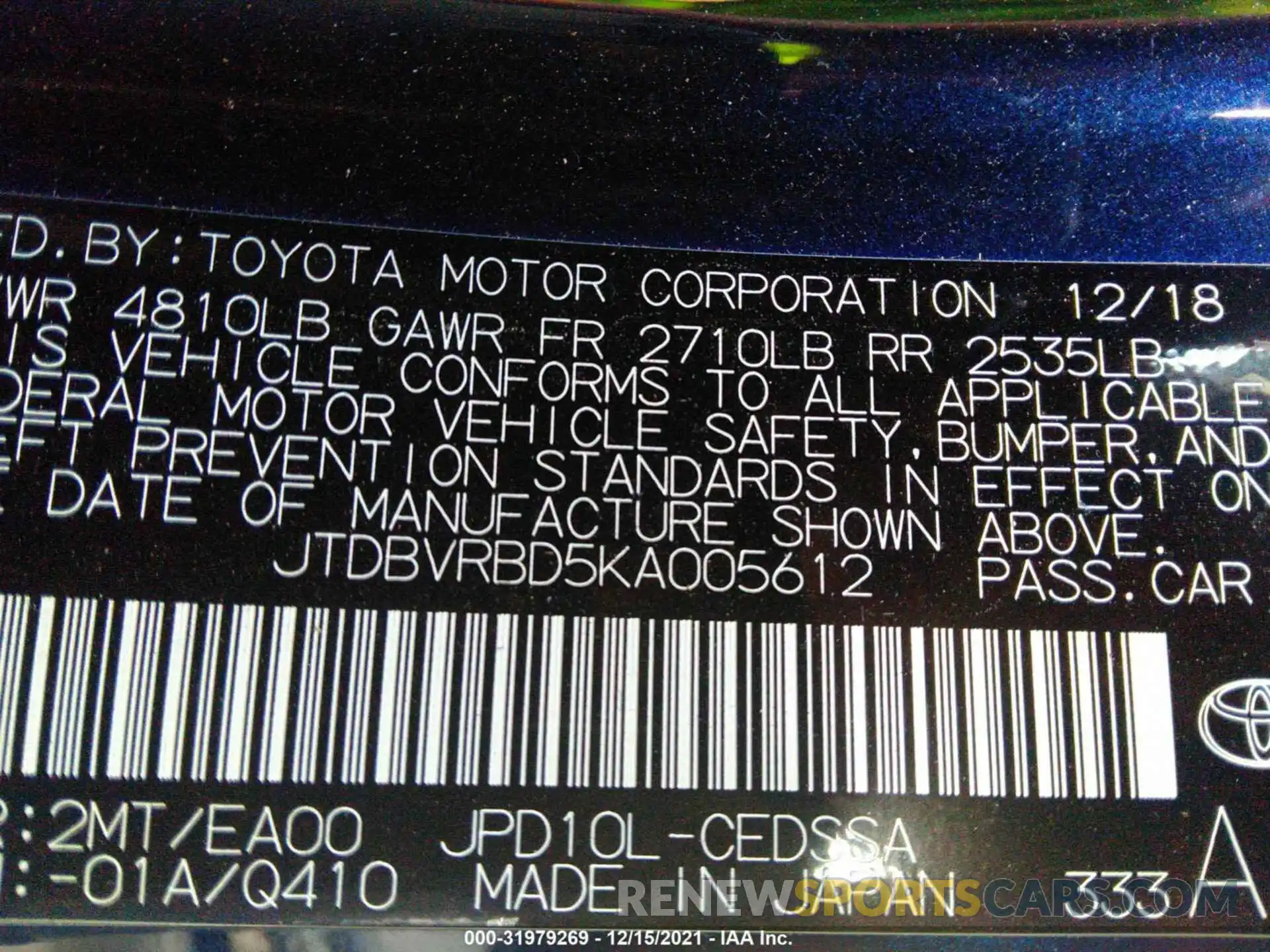 9 Photograph of a damaged car JTDBVRBD5KA005612 TOYOTA MIRAI 2019