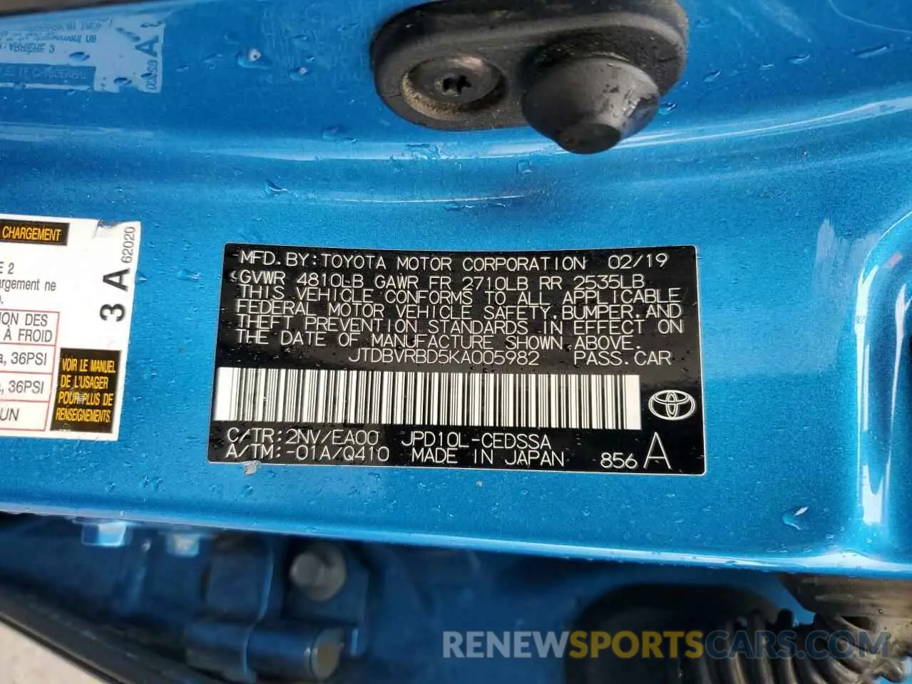 13 Photograph of a damaged car JTDBVRBD5KA005982 TOYOTA MIRAI 2019