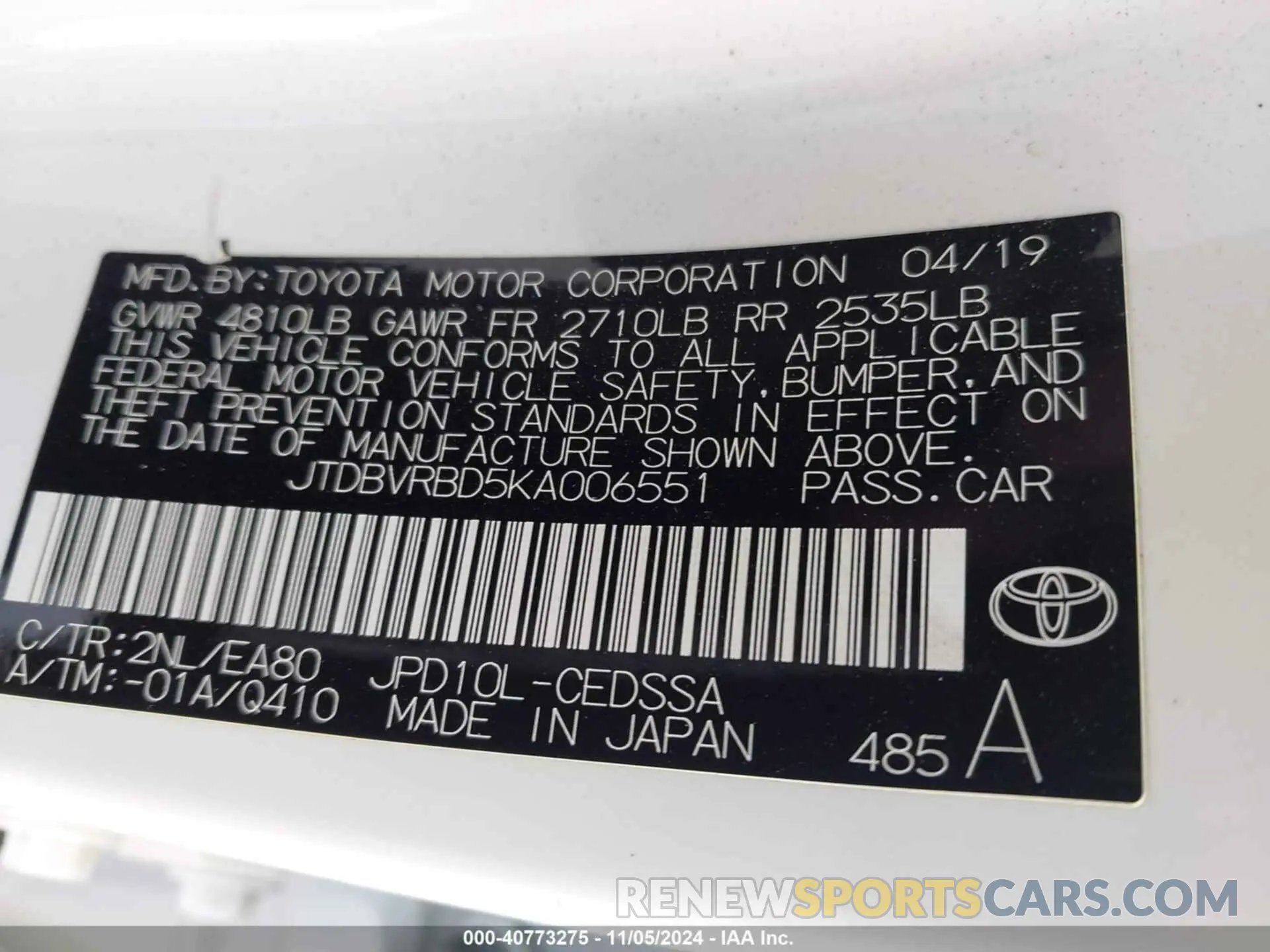 9 Photograph of a damaged car JTDBVRBD5KA006551 TOYOTA MIRAI 2019