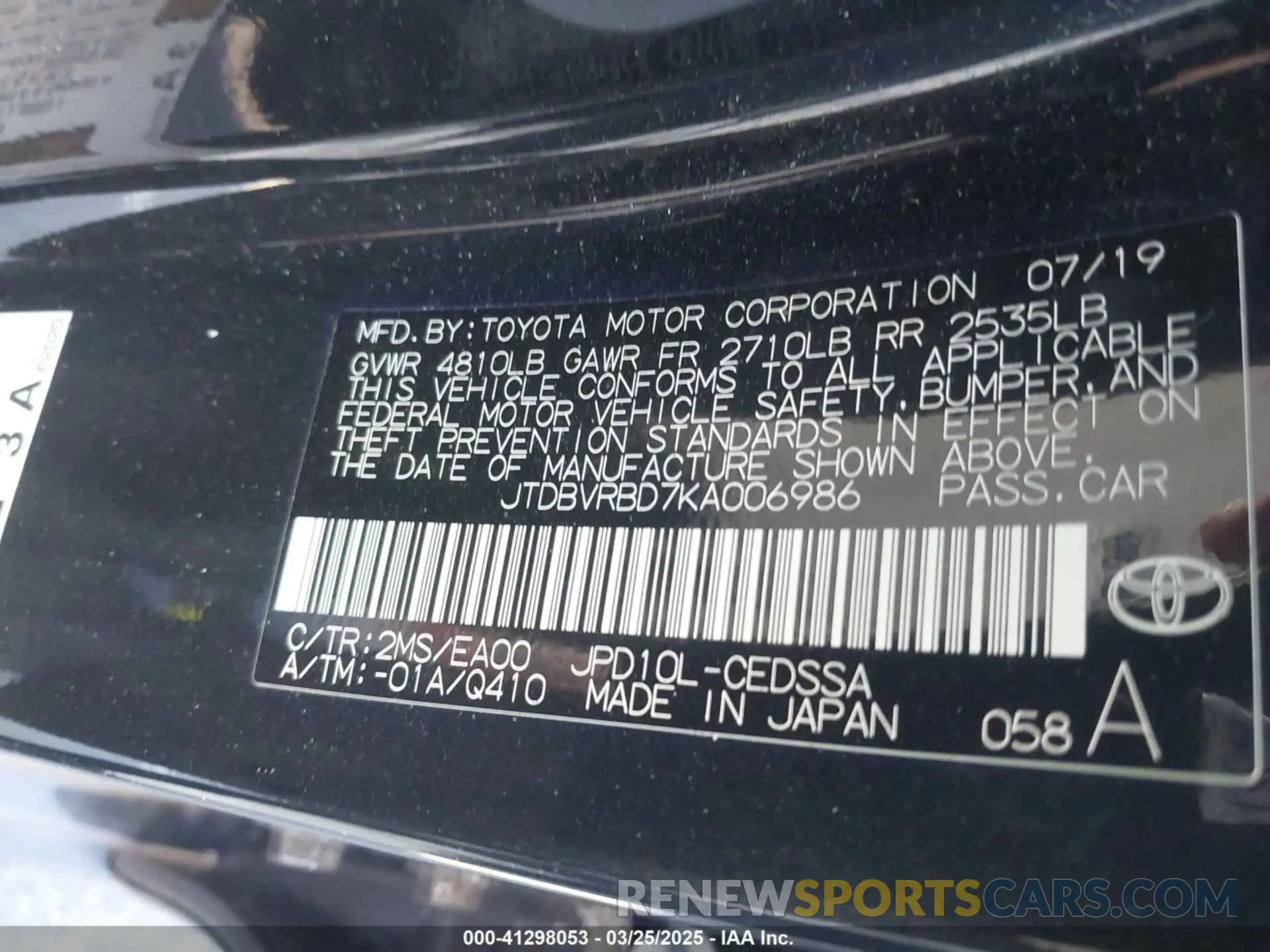 9 Photograph of a damaged car JTDBVRBD7KA006986 TOYOTA MIRAI 2019