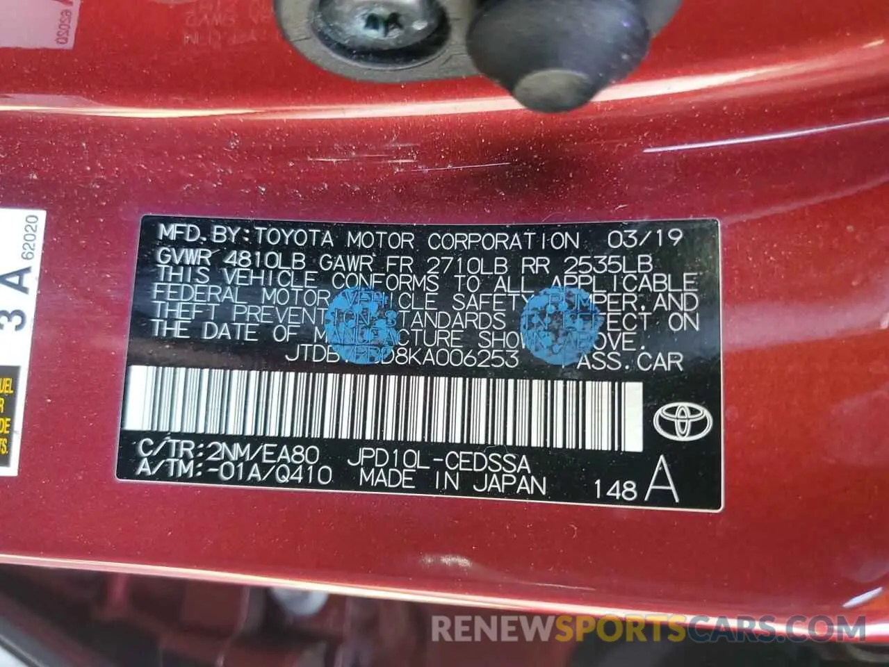 12 Photograph of a damaged car JTDBVRBD8KA006253 TOYOTA MIRAI 2019