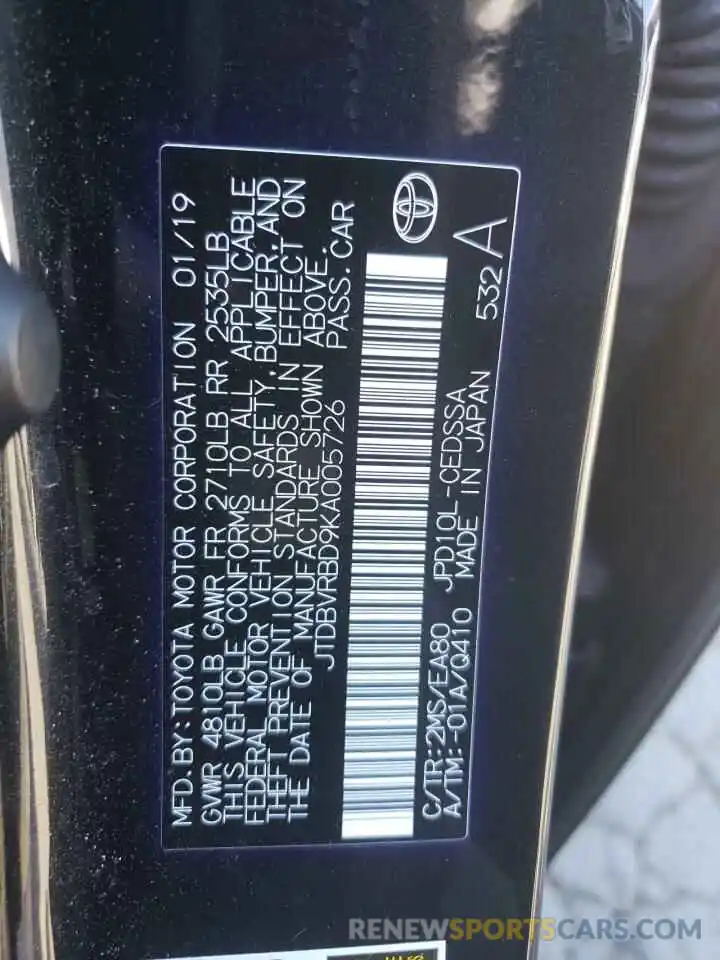 10 Photograph of a damaged car JTDBVRBD9KA005726 TOYOTA MIRAI 2019