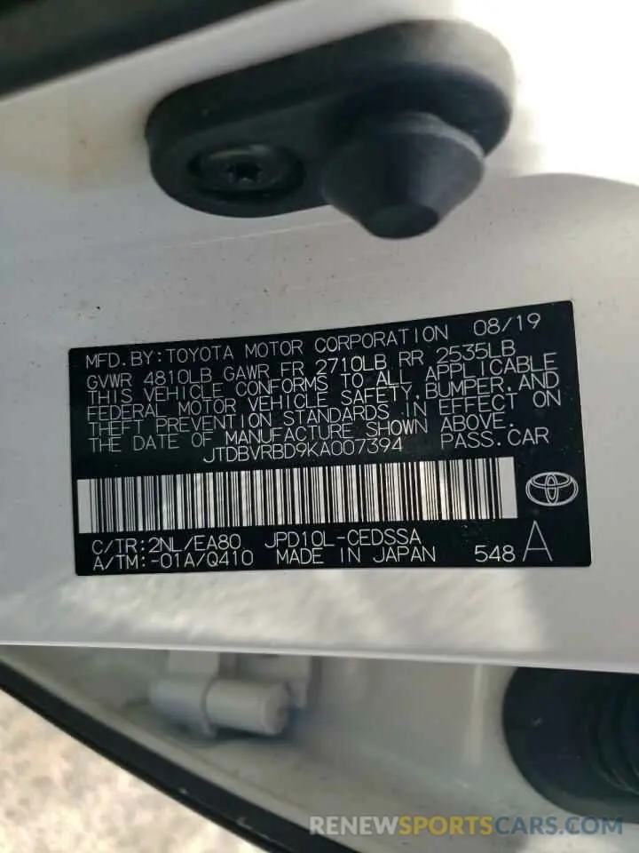13 Photograph of a damaged car JTDBVRBD9KA007394 TOYOTA MIRAI 2019