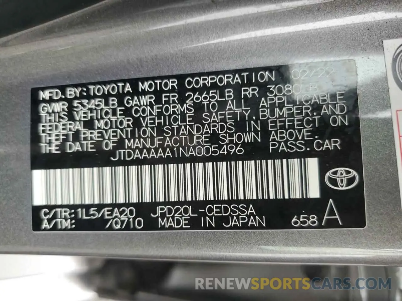 14 Photograph of a damaged car JTDAAAAA1NA005496 TOYOTA MIRAI LE 2022