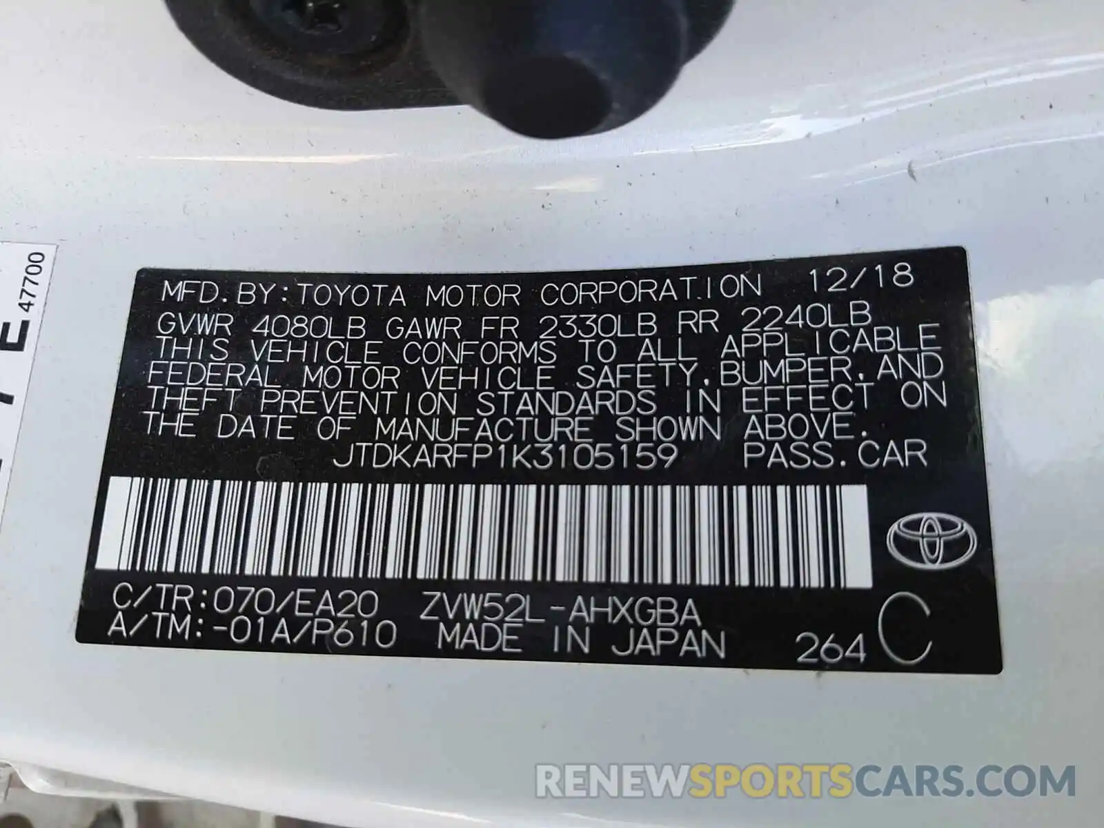 10 Photograph of a damaged car JTDKARFP1K3105159 TOYOTA PRIUS 2019