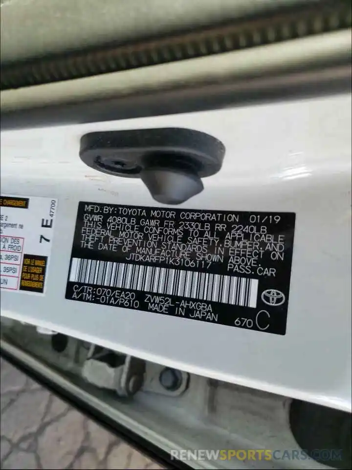 10 Photograph of a damaged car JTDKARFP1K3106117 TOYOTA PRIUS 2019