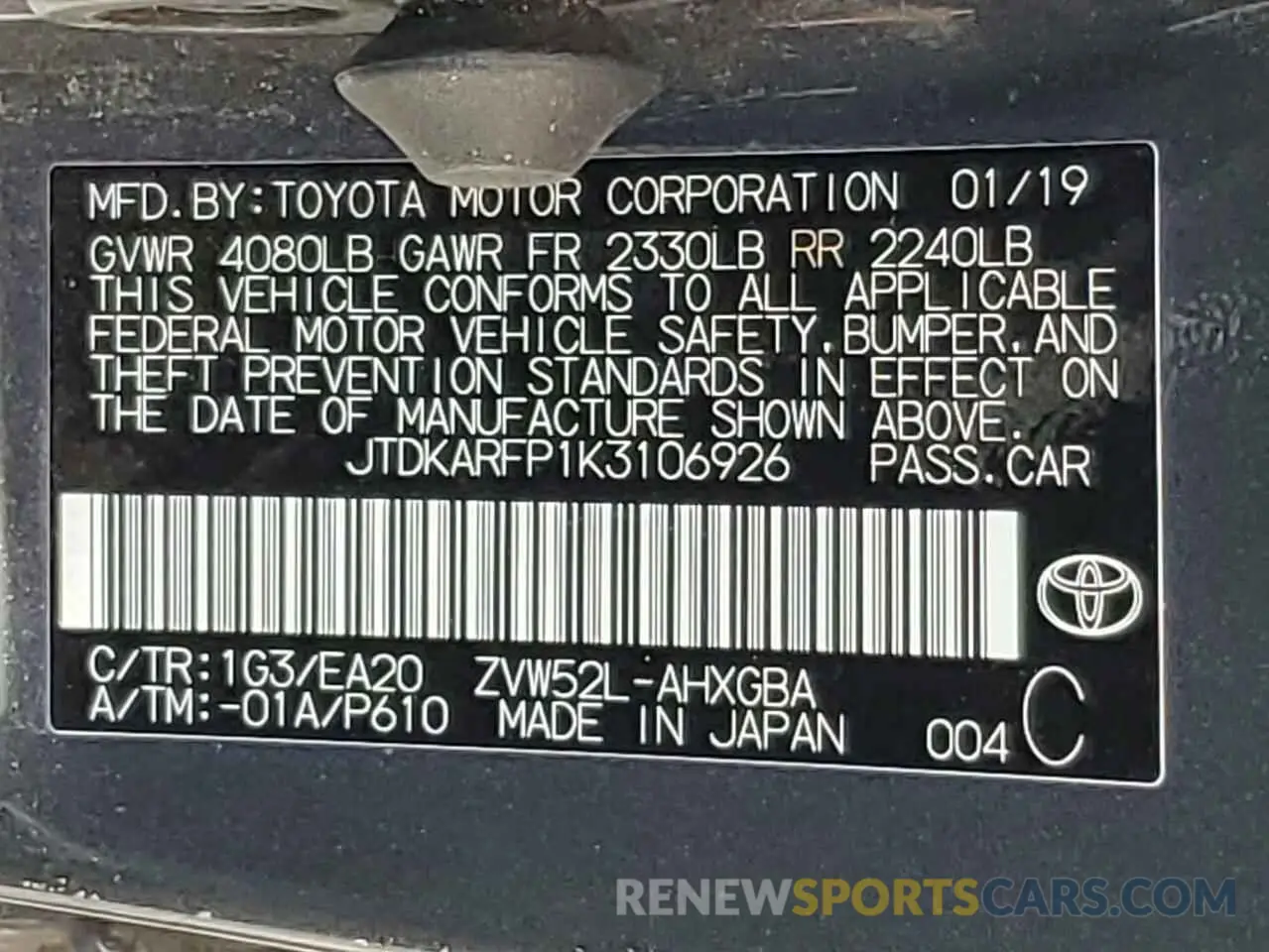 12 Photograph of a damaged car JTDKARFP1K3106926 TOYOTA PRIUS 2019