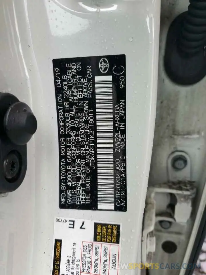 12 Photograph of a damaged car JTDKARFP1K3118011 TOYOTA PRIUS 2019