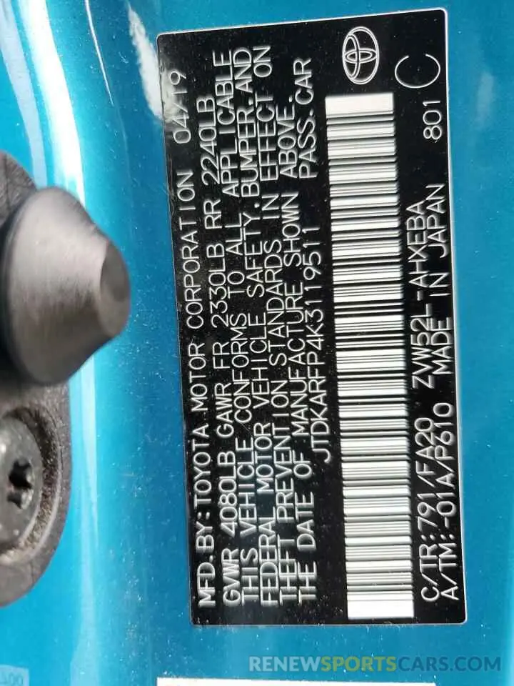 13 Photograph of a damaged car JTDKARFP4K3119511 TOYOTA PRIUS 2019