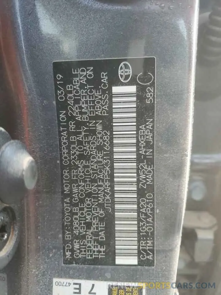13 Photograph of a damaged car JTDKARFP5K3116682 TOYOTA PRIUS 2019