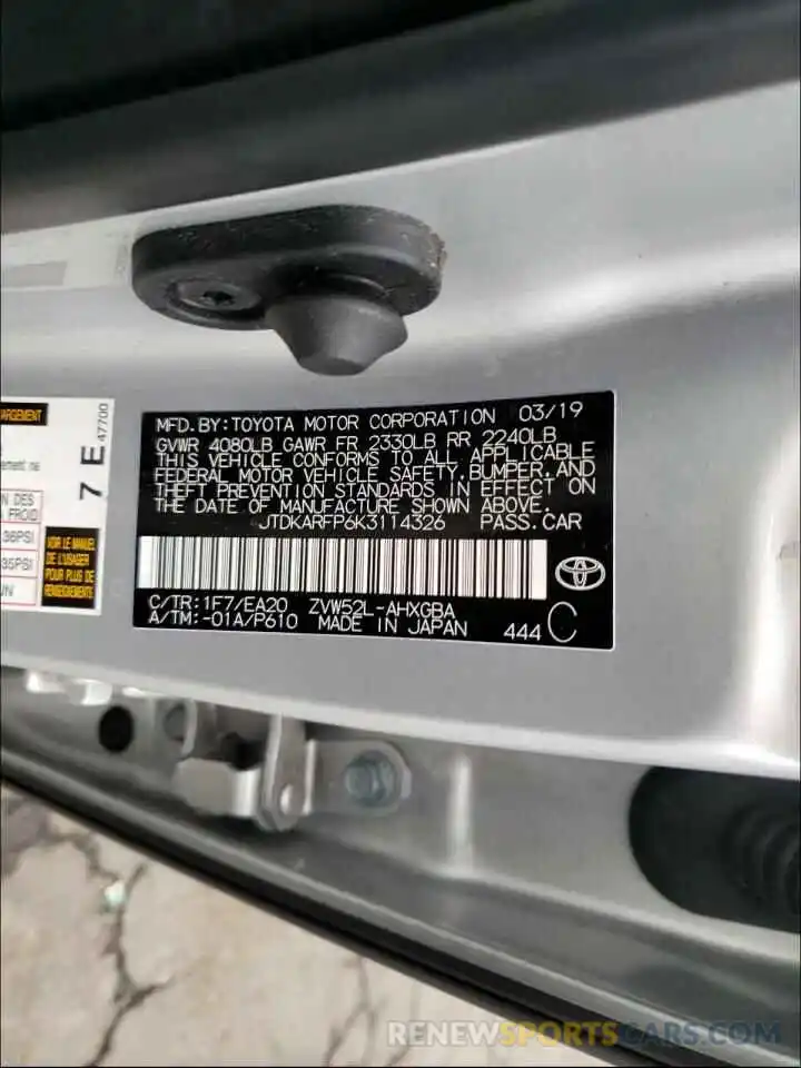 10 Photograph of a damaged car JTDKARFP6K3114326 TOYOTA PRIUS 2019