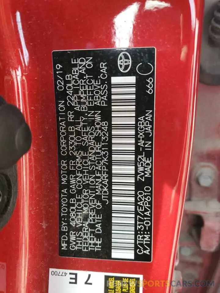 12 Photograph of a damaged car JTDKARFP7K3113248 TOYOTA PRIUS 2019